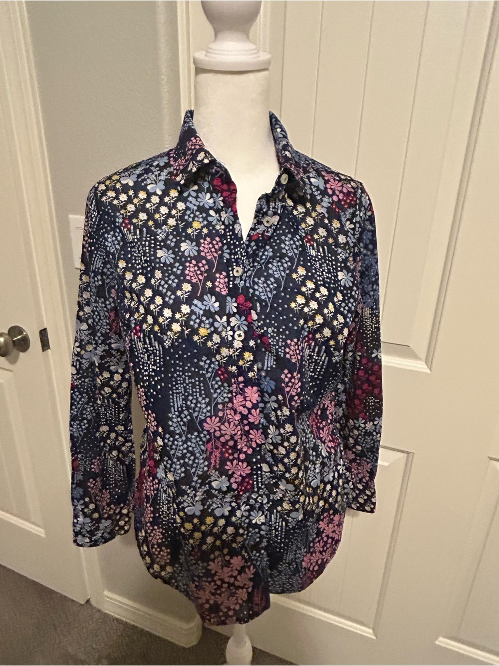 Talbots Navy Floral Petite Button-Up Blouse